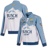 Ross Chastain JH Design Busch Light Full-Snap Twill Uniform Jacket - White/Light Blue - J.H. Sports Jackets