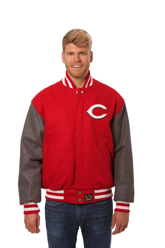 Cincinnati Reds Two-Tone Wool Jacket w/ Handcrafted Leather Logos - Red/Gray