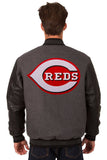 Cincinnati Reds Wool & Leather Reversible Jacket w/ Embroidered Logos - Charcoal/Black