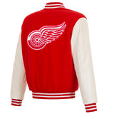 Detroit Red Wings  - JH Design Reversible Fleece Jacket with Faux Leather Sleeves - Red/White - J.H. Sports Jackets