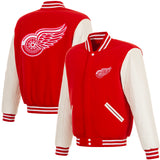 Detroit Red Wings  - JH Design Reversible Fleece Jacket with Faux Leather Sleeves - Red/White - J.H. Sports Jackets