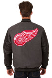 Detroit Red Wings Wool & Leather Reversible Jacket w/ Embroidered Logos - Charcoal/Black