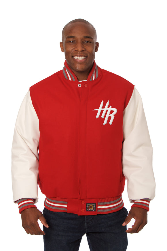Houston Rockets Domestic Two-Tone Wool and Leather Jacket-Red/White - J.H. Sports Jackets
