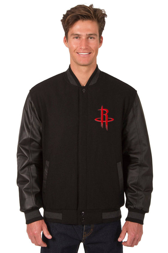 Houston Rockets Wool & Leather Reversible Jacket w/ Embroidered Logos - Black