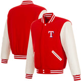 Texas Rangers - JH Design Reversible Fleece Jacket with Faux Leather Sleeves - Red/White - J.H. Sports Jackets