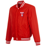 Texas Rangers - JH Design Reversible Fleece Jacket with Faux Leather Sleeves - Red/White - J.H. Sports Jackets