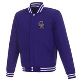 Colorado Rockies JH Design Reversible Fleece Jacket with Faux Leather Sleeves - Purple/White - J.H. Sports Jackets