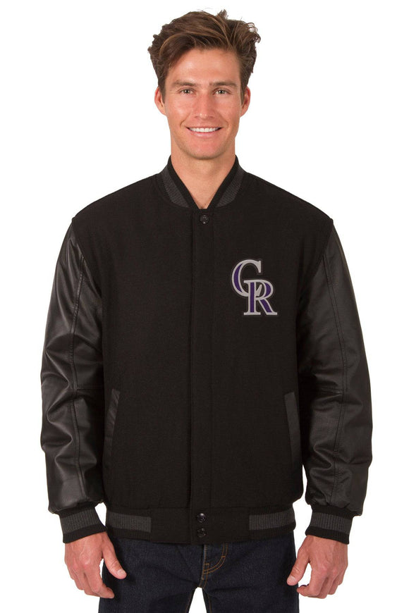 Colorado Rockies Wool & Leather Reversible Jacket w/ Embroidered Logos - Black