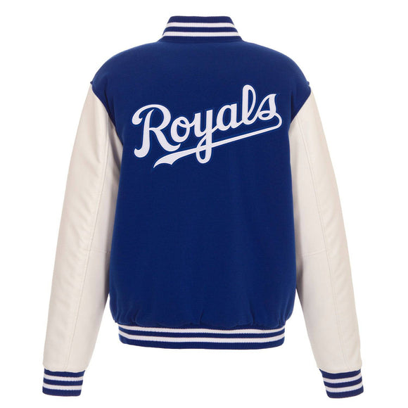 Kansas City Royals - JH Design Reversible Fleece Jacket with Faux Leather Sleeves - Royal/White