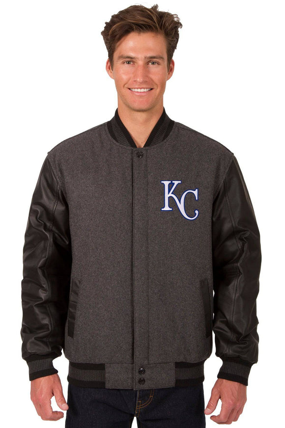 Kansas City Royals Wool & Leather Reversible Jacket w/ Embroidered Logos - Charcoal/Black