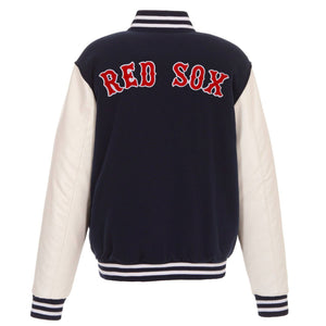 Boston Red Sox - JH Design Reversible Fleece Jacket with Faux Leather Sleeves - Navy/White