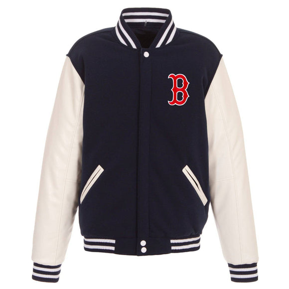 Boston Red Sox - JH Design Reversible Fleece Jacket with Faux Leather Sleeves - Navy/White