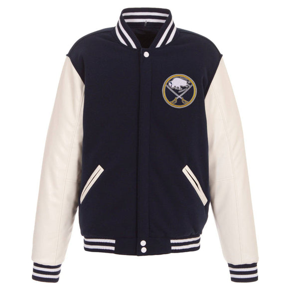 Buffalo Sabres JH Design Reversible Fleece Jacket with Faux Leather Sleeves - Navy/White