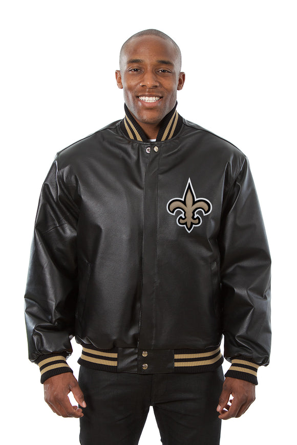 New Orleans Saints Handmade Full Leather Snap Jacket - Black - J.H. Sports Jackets