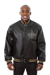 New Orleans Saints Handmade Full Leather Snap Jacket - Black