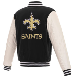 New Orleans Saints - JH Design Reversible Fleece Jacket with Faux Leather Sleeves - Black/White