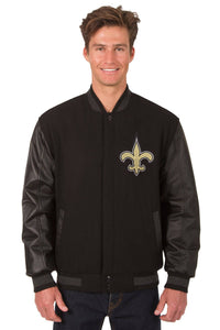 New Orleans Saints Wool & Leather Reversible Jacket w/ Embroidered Logos - Black