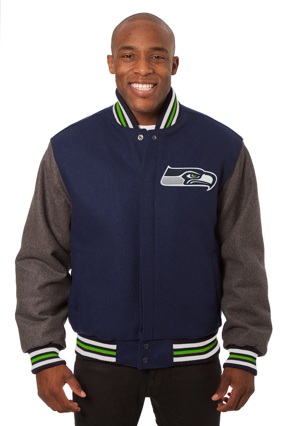 Seattle Seahawks JH Design Wool Handmade Full-Snap Jacket-Navy/Grey - J.H. Sports Jackets