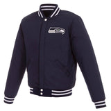 Seattle Seahawks - JH Design Reversible Fleece Jacket with Faux Leather Sleeves - Navy/White