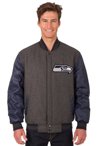 Seattle Seahawks Wool & Leather Reversible Jacket w/ Embroidered Logos - Charcoal/Navy