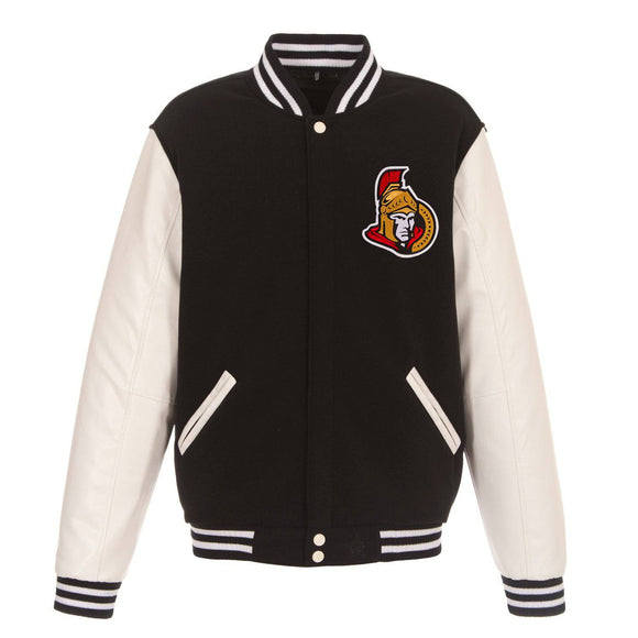 Ottawa Senators JH Design Reversible Fleece Jacket with Faux Leather Sleeves - Black/White