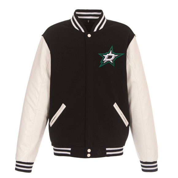 Dallas Stars JH Design Reversible Fleece Jacket with Faux Leather Sleeves - Black/White