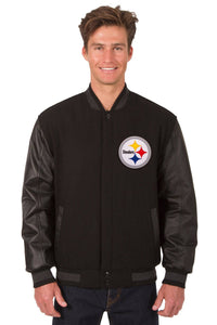 Pittsburgh Steelers Wool & Leather Reversible Jacket w/ Embroidered Logos - Black