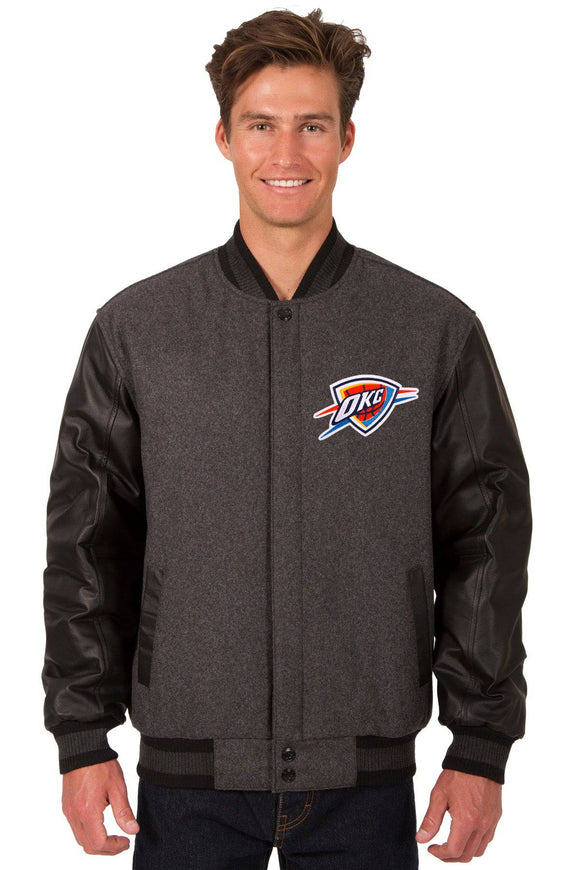 Oklahoma City Thunder Wool & Leather Reversible Jacket w/ Embroidered Logos - Charcoal/Black