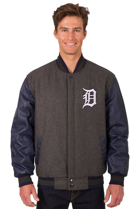 Detroit Tigers Wool & Leather Reversible Jacket w/ Embroidered Logos - Charcoal/Navy