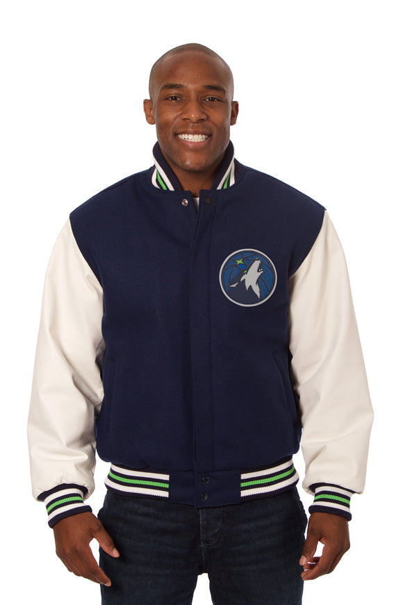 Minnesota Timberwolves Domestic Two-Tone Handmade Wool and Leather Jacket-Navy/White - J.H. Sports Jackets