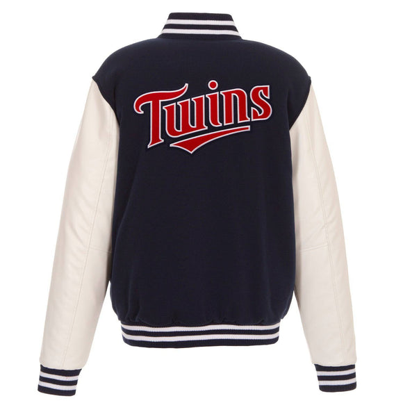 Minnesota Twins - JH Design Reversible Fleece Jacket with Faux Leather Sleeves - Navy/White