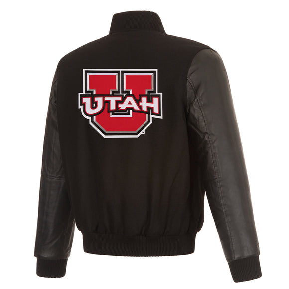 Utah Utes Wool & Leather Reversible Jacket w/ Embroidered Logos - Black - J.H. Sports Jackets