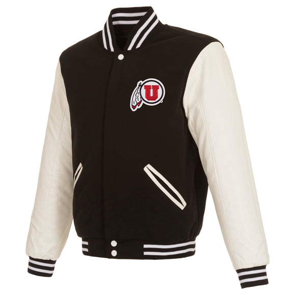 Utah Utes JH Design Reversible Fleece Jacket with Faux Leather Sleeves - Black/White - J.H. Sports Jackets