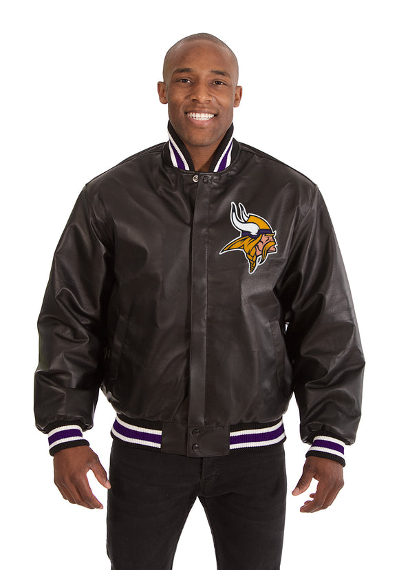 Minnesota Vikings Handmade Full Leather Snap Jacket - Black - J.H. Sports Jackets