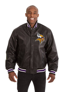 Minnesota Vikings Handmade Full Leather Snap Jacket - Black