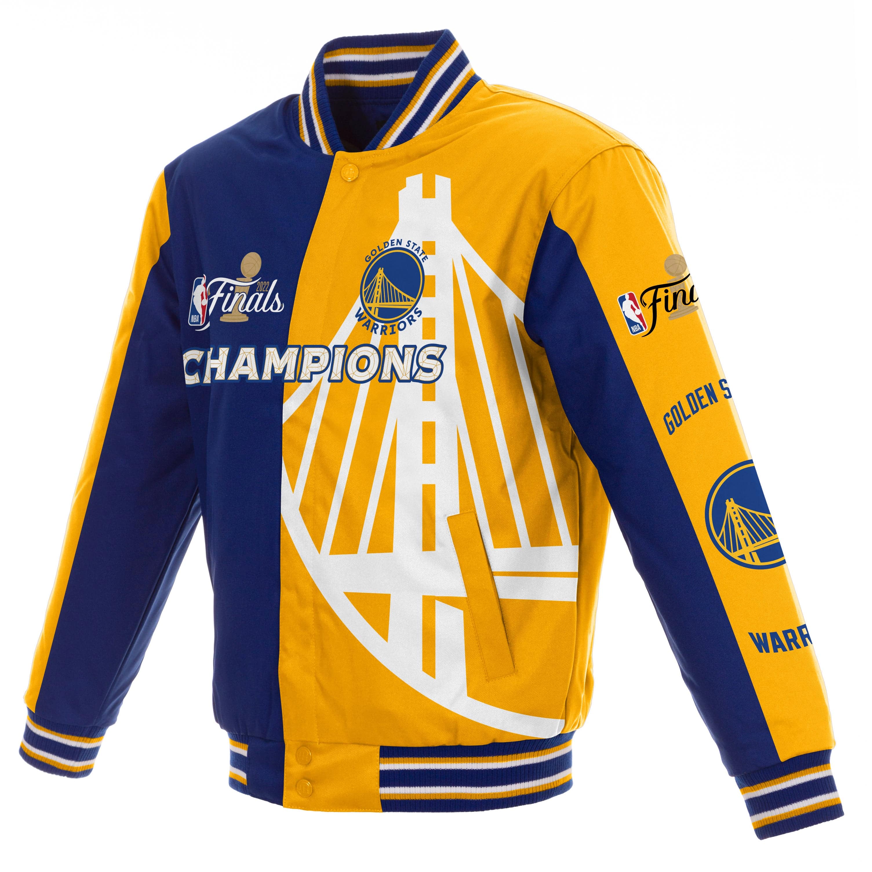 Golden State Warriors 7 Time NBA Finals Champions Varsity Full Snap Jacket Royal Yellow J.H. Sports Jackets