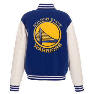 Golden State Warriors- JH Design Reversible Fleece Jacket with Faux Leather Sleeves - Royal/White - J.H. Sports Jackets