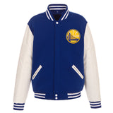 Golden State Warriors- JH Design Reversible Fleece Jacket with Faux Leather Sleeves - Royal/White - J.H. Sports Jackets