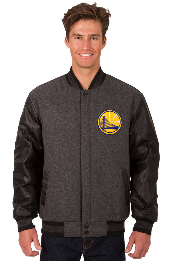 Golden State Warriors Wool & Leather Reversible Jacket w/ Embroidered Logos - Charcoal/Black