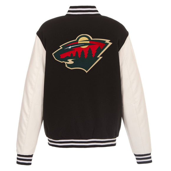 Minnesota Wild - JH Design Reversible Fleece Jacket with Faux Leather Sleeves - Black/White