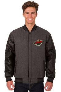 Minnesota Wild Wool & Leather Reversible Jacket w/ Embroidered Logos - Charcoal/Black