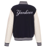 New York Yankees - JH Design Reversible Fleece Jacket with Faux Leather Sleeves - Navy/White