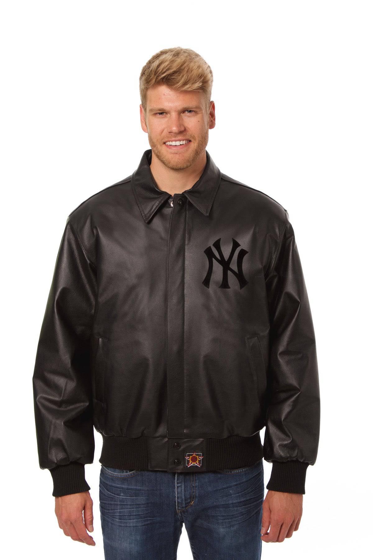 New York Yankees Full Leather Jacket - Black/Black | J.H. Sports