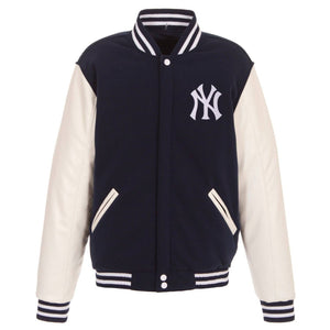 New York Yankees - JH Design Reversible Fleece Jacket with Faux Leather Sleeves - Navy/White