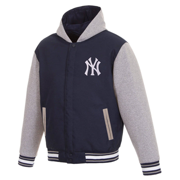 New York Yankees Two-Tone Reversible Fleece Hooded Jacket - Navy/Grey