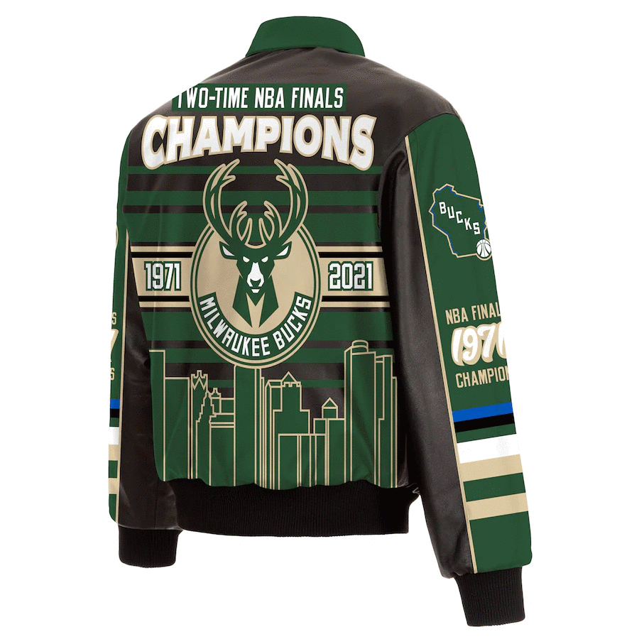 希少 NBA ALL TEAM CHAMPIONSHIPS JACKET 2XL Milwaukee Bucks JH Design 2021 NBA Finals Champions Skyline Trophy