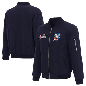 Oklahoma City Thunder JH Design 2025 NBA Champions Full-Zip Nylon Bomber Jacket – Navy - J.H. Sports Jackets