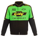 NASCAR JH Design City Chevrolet Full-Snap Twill Uniform Jacket – Black/Green - J.H. Sports Jackets