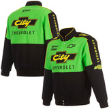 NASCAR JH Design City Chevrolet Full-Snap Twill Uniform Jacket – Black/Green - J.H. Sports Jackets