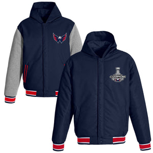 Washington Capitals JH Design 2018 Stanley Cup Champions Reversible Poly-Twill Fleece Sleeve Hooded Jacket – Navy